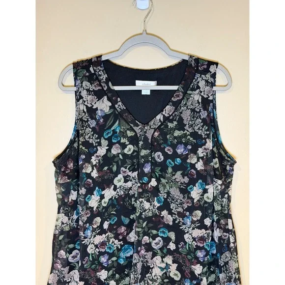 CJ Banks Womens Sleeveless Blouse Black Plus 1X Floral Sleeveless V Neck Top - Picture 3 of 6